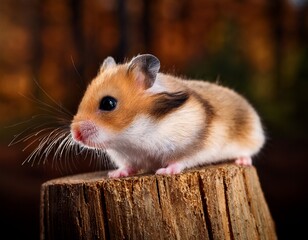 tiny pet rodent on wooden surface dwarf hamster species small domestic hamster on stump