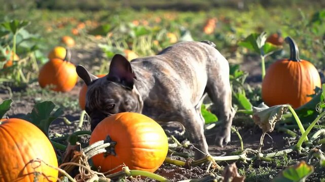Dog in pumpkin patch. Gray French bulldog in field with orange pumpkins and foliage.