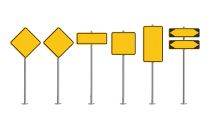Assortment of yellow road signs for safety and directions on roadways
