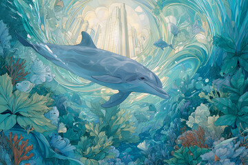 Fototapeta premium Enchanted ocean scene with dolphin gliding through crystal waters