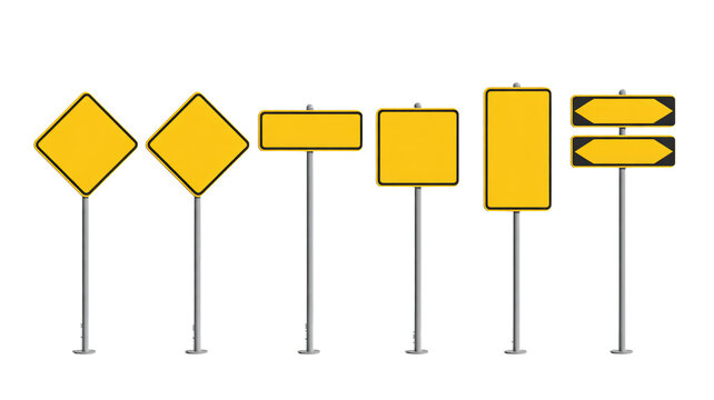 Assortment of yellow road signs for safety and directions on roadways