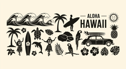 Aloha hawaii set with wave, palm tree, surfer, dancer, turtle, dolphin, parrot, pineapple, car, flower, leaf, sun isolated on © Anaya