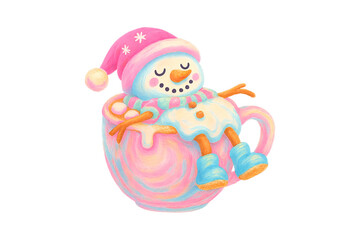 Cute snowman relaxing in a cup of hot chocolate  watercolor Christmas illustration Sublimation Design