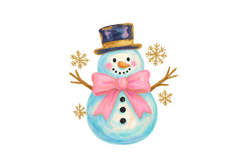 Watercolor snowman with pink bow tie and snowflakes  illustration Sublimation Design