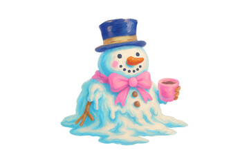 Melting snowman with a top hat and a bow tie holding a cup of hot chocolate illustration Sublimation Design