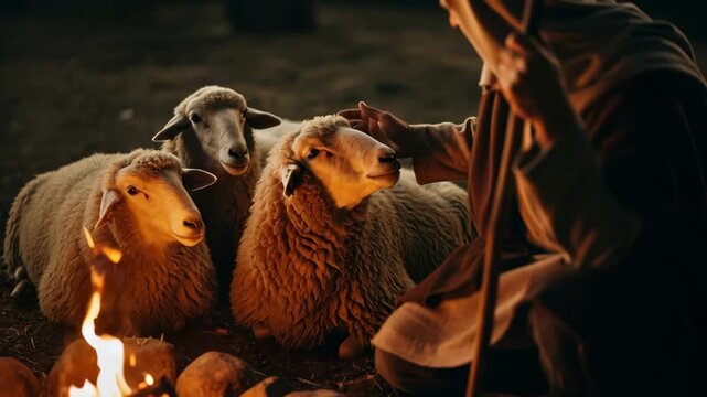Man shepherd protecting his flock of sheep sitting around a campfire at night. Biblical scene for Christmas and spiritual reflection.