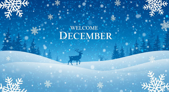 welcome december, reindeer silhouette, snowy blue, christmas deer, winter scene, festive illustration, december greeting, holiday graphic, snowflakes, cold season, scenic winter, cute artwork, christm