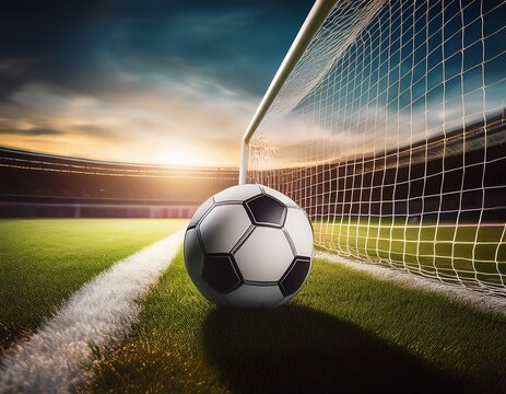 a soccer ball positioned near the goal net with ample empty background space ideal for sports promotions and designs
