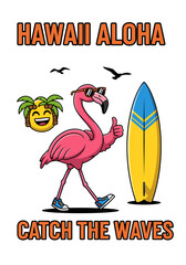 Hawaii aloha illustration with flamingo, pineapple, and surfboard, perfect for summer and beach themed designs, isolated on © Anaya