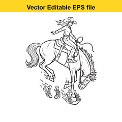 Obraz premium Black and white line art vector drawing of a cowgirl riding a bucking horse with flying horseshoes and flames, isolated on