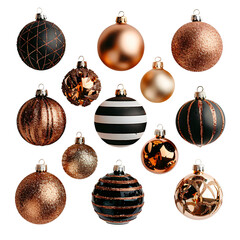 set of brown and copper christmas ornaments, assorted festive baubles collection