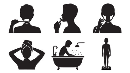 Set of personal hygiene icons black silhouette vector illustrations depicting daily routines isolated on white background