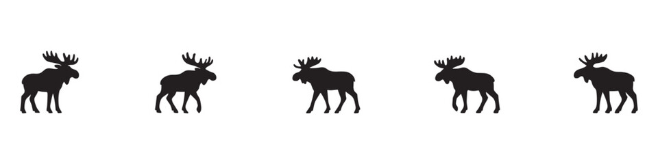 Set of black moose silhouettes in side profile view, isolated vector icons for wildlife design, nature illustration, and pattern use. Vector Illustration.