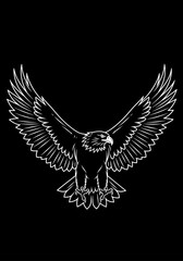 Fototapeta premium Majestic eagle soars with wings spread wide, a symbol of freedom and power, its feathers detailed in intricate lines against a stark black backdrop, a captivating image