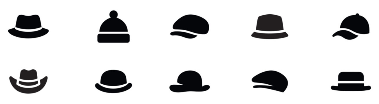 Hat silhouette icon set. Various caps and hats in bold silhouette design. Vector Illustration.