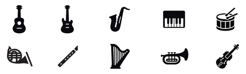 Musical instruments solid icon set. Guitar, piano, drum, saxophone icons collection. Vector Illustration.