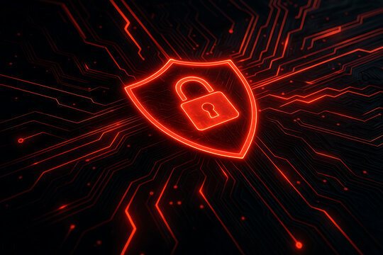 Cybersecurity breach warning concept with illuminated red shield lock symbol on futuristic digital technology background