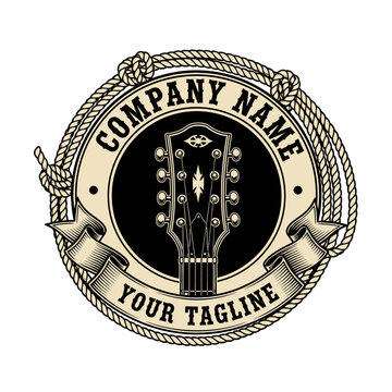 A vintage-style circular logo featuring a mandolin headstock, a rope border, and customizable text banners.