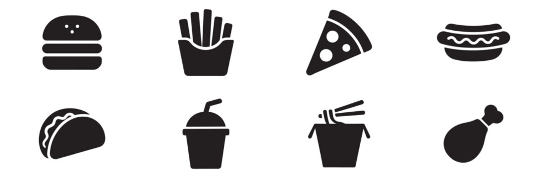 Fast food silhouette icons set. Solid, filled, meal and snack symbols. Vector Illustration.