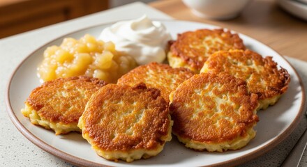 A close-up of golden potato pancakes, or latkes, served with sour cream and applesauce. This comforting and traditional dish evokes a cozy, homemade feeling. Ideal for culinary blogs.