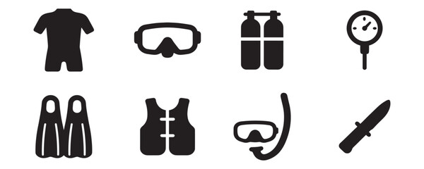 Diving Gear Icon. Scuba Diving Gear Icons. Equipment and underwater symbols. Vector Illustration.