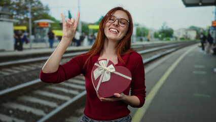 Redheaded woman at train station, smiling while making rock gesture, holding heart-shaped gift box outdoors, wearing glasses and red sweater, capturing a joyful moment.