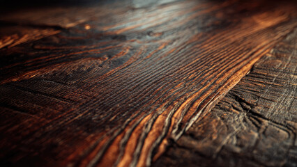 A detailed close-up of dark, rustic wooden planks showcasing rich textures, deep grain patterns, and natural imperfections. The aged surface creates a warm, inviting, and weathered background.