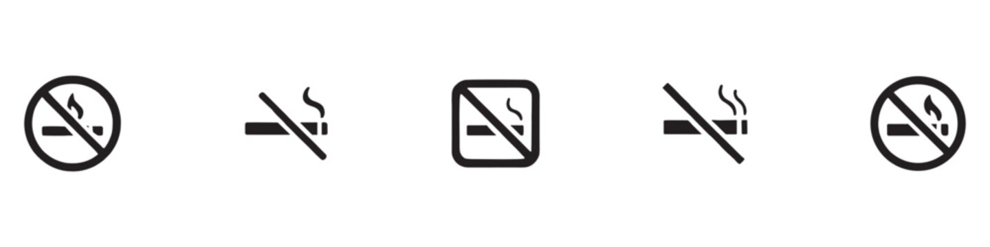 No smoking icon. Stop smoking symbol. Forbidden cigarette signs. Ban tobacco symbols. Prohibit nicotine icons. Black, red, flat color. Vector sign. Vector Illustration. EPS 10