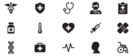 Health-related icons featuring medical symbols, tools, and professionals in a comprehensive design. Vector Illustration.