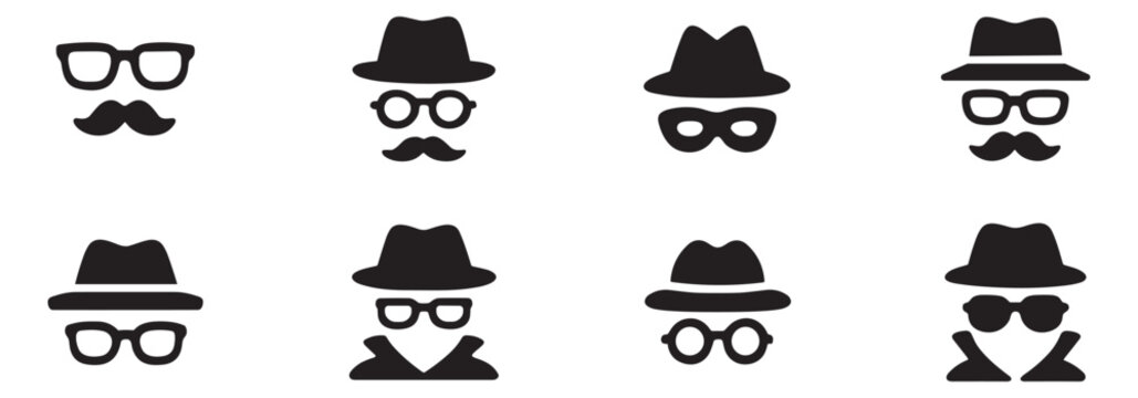 Incognito icon set. Anonymous spy agent, private detective character in disguise with hat, glasses, mustache. Security, privacy, hidden identity concept. Vector illustration. EPS 10