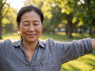 Happy senior Asian woman practicing yoga stretching arms outdoors park healthy lifestyle fitness wellness retirement activity breathing fresh air nature summer morning active grandmother exercise 