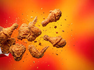 Crispy fried chicken pieces flying in air orange background copy space fast food wings drumsticks spicy meal snack delicious motion crumbs golden breaded meat junk food advertising concept hot dinner 