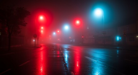 Fototapeta premium Eerie and foggy city street illuminated by vibrant red and blue lights