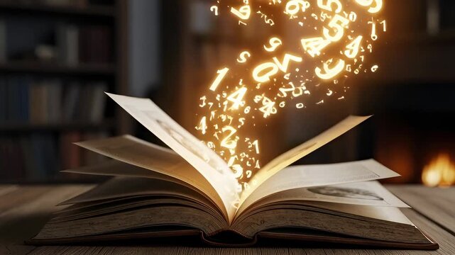 Open book with glowing numbers rising from its pages. Concept of education, learning, knowledge, or digital data emerging from traditional media.