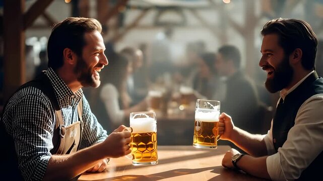 Two caucasian man cheering with beer mug. Happy friend toast with beverage at bar. Brewery festival celebration.