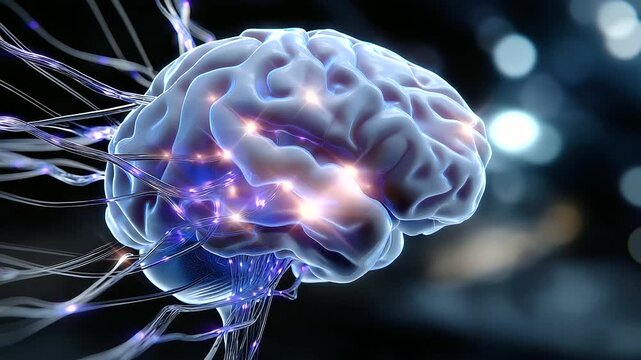 Out-of-focus cybernetic brain interior glowing with soft electric hues, delicate network of wires suggested rather than sharply defined, faceless, with copy space