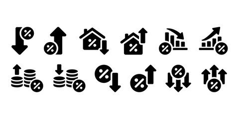 Low and high interest rate icon set. Percentage, growth, decline, mortgage, loan and finance symbols with up and down arrows for banking and economy. Solid vector icons collection.