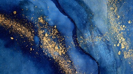 Blue and gold abstract watercolor background. Blue abstract watercolor background with gold glitter. Liquid marble pattern.