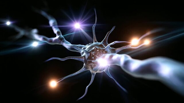 Defocused fractal pattern of synthetic neuron lights branching across a metallic core, minimal detail with strong atmospheric glow, faceless tech concept, with copy space