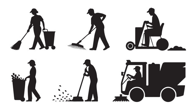 Set of cleaning service worker silhouettes various poses of street sweepers and janitors vector illustration isolated on white background