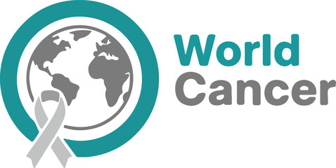 World cancer awareness logo with globe and ribbon symbol design