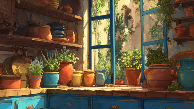 A cozy, sunlit rustic kitchen or potting shed with shelves of ceramic pots and vibrant potted plants by a blue-framed window. - Powered by Adobe