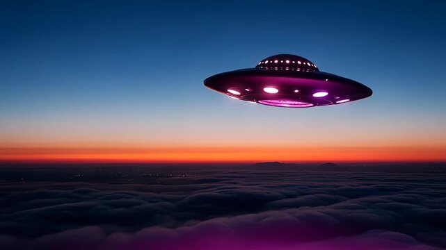 Flying saucer hovering above cloud layer during sunset. Unidentified flying object with purple light. Alien invasion concept.