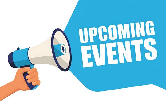 Megaphone announcing upcoming events with a blue speech bubble