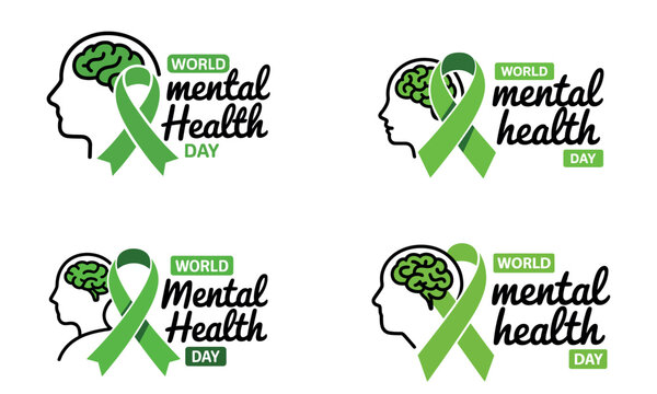World mental health day illustration with brain outline and green awareness ribbon