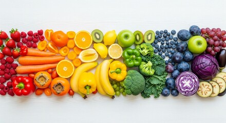 A vibrant and colorful flat lay of fresh, organic fruits and vegetables meticulously arranged in a rainbow spectrum on a pristine white wooden background, symbolizing healthy eating and nutrition.