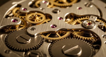 A striking macro photograph showcases the intricate inner workings of a complex mechanical clockwork. Golden brass gears and cogs are precisely interlocked, set against brushed silver-toned metal