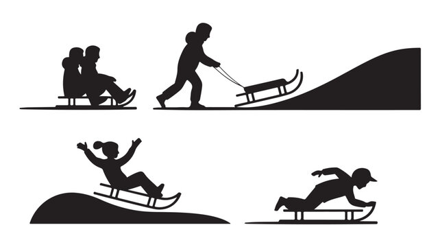 Silhouette vector illustration of people sledding winter activity design element for seasonal graphics and recreational projects