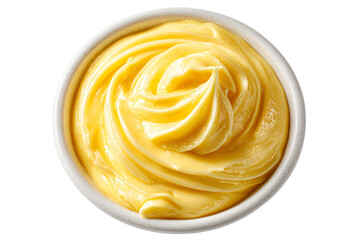 smooth butter swirl in small bowl, creamy yellow butter isolated on white