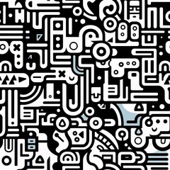 Monochrome doodles seamless pattern, Black white doodle pattern, hand drawn pattern, abstract doodles pattern, line art pattern, simple pattern, minimal pattern